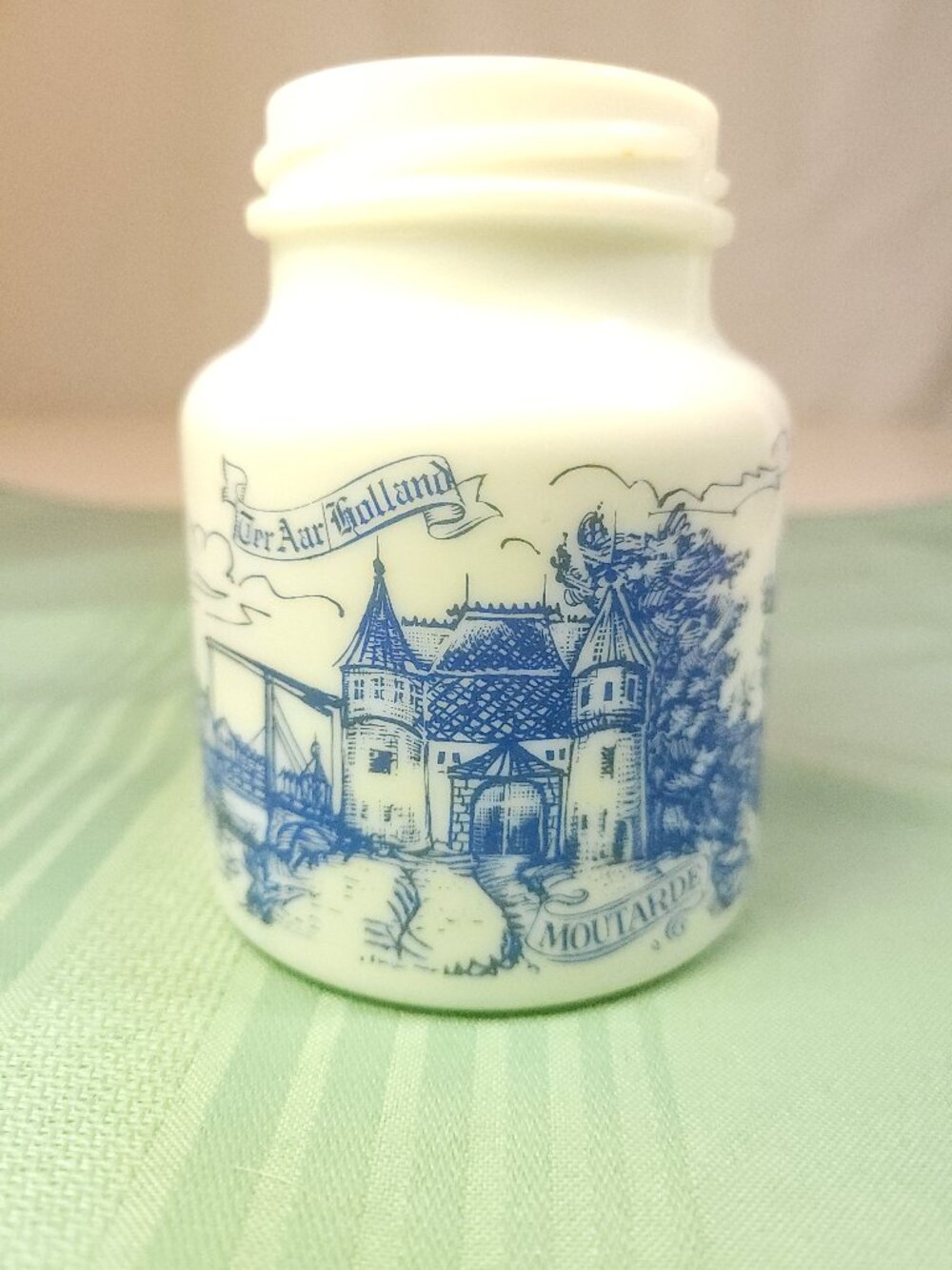 Uyttewaal Holland Milk Glass Mustard Jar Blue Delft Windmill Scene